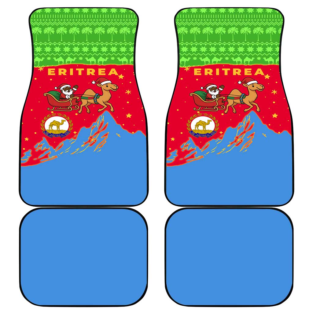 Eritrea Christmas Car Mats with Santa Claus Camel Sleigh National Emblem and Red Green Blue Pattern - Wonder Print Shop