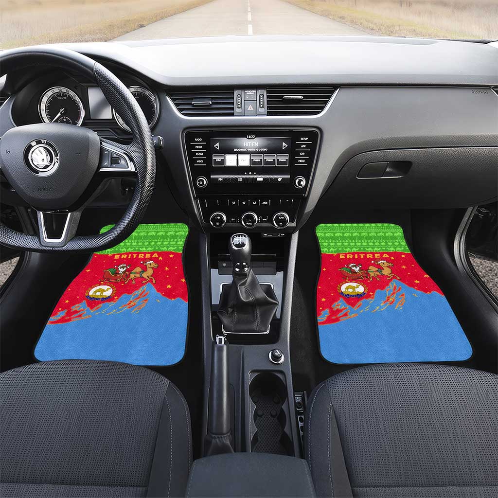 Eritrea Christmas Car Mats with Santa Claus Camel Sleigh National Emblem and Red Green Blue Pattern - Wonder Print Shop