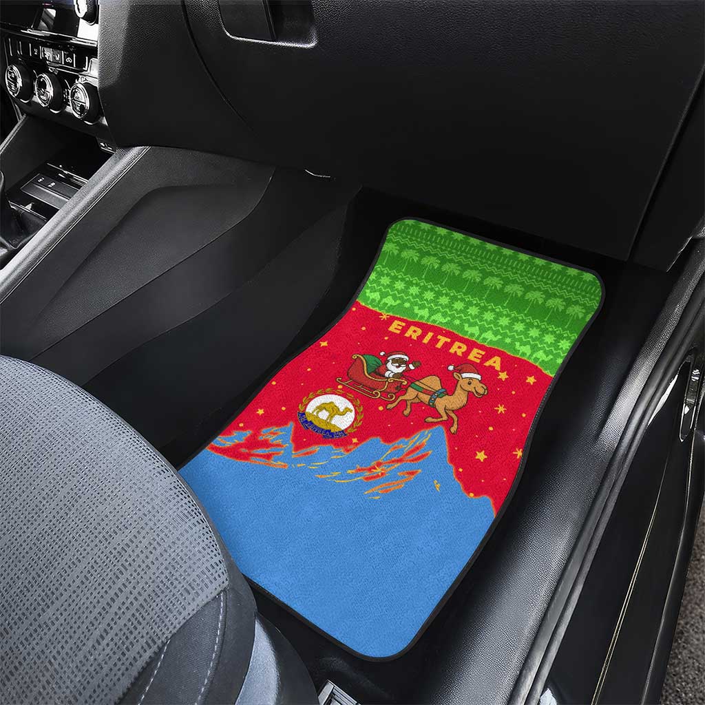 Eritrea Christmas Car Mats with Santa Claus Camel Sleigh National Emblem and Red Green Blue Pattern - Wonder Print Shop
