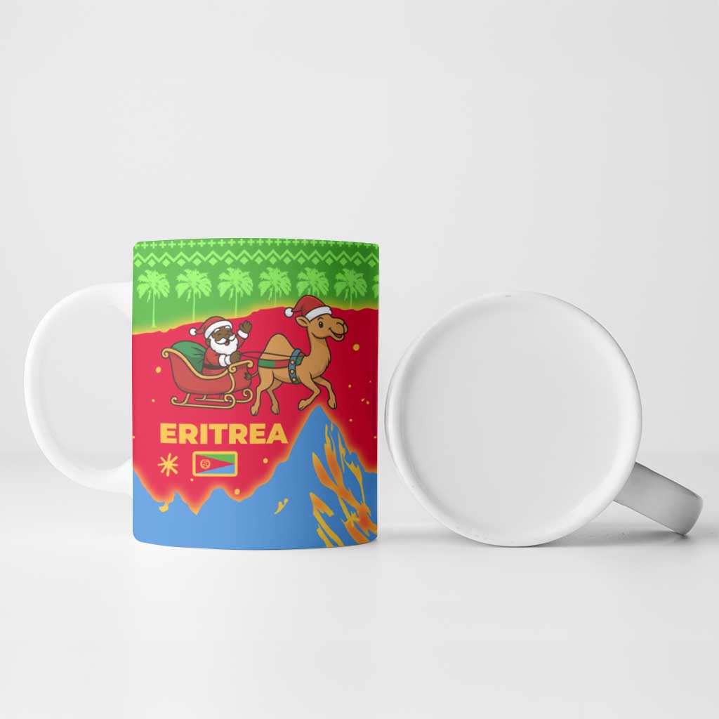 Eritrea Christmas Ceramic Mug with Santa Claus Camel Sleigh National Emblem and Red Green Blue Pattern - Wonder Print Shop