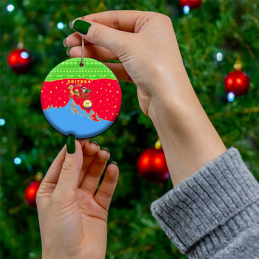 Eritrea Christmas Ceramic Ornament with Santa Claus Camel Sleigh National Emblem and Red Green Blue Pattern - Wonder Print Shop