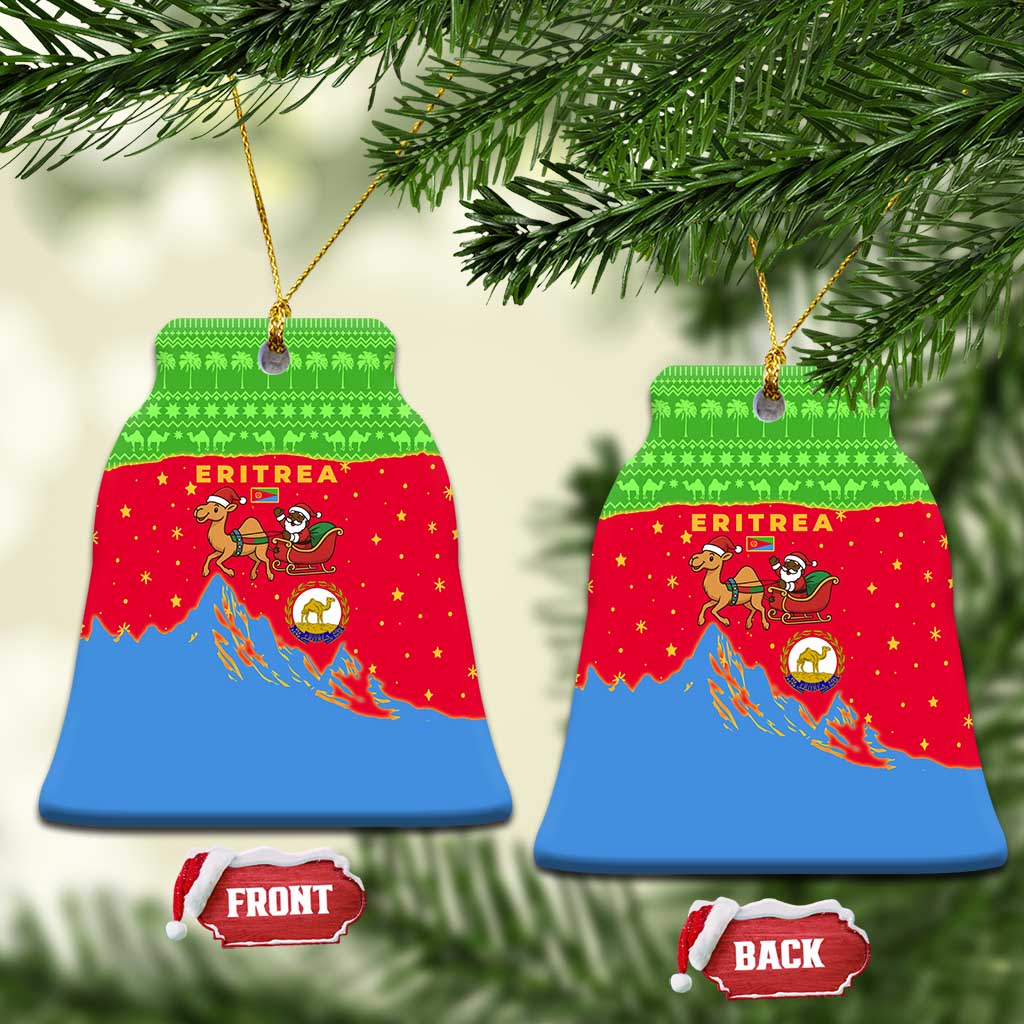 Eritrea Christmas Ceramic Ornament with Santa Claus Camel Sleigh National Emblem and Red Green Blue Pattern - Wonder Print Shop