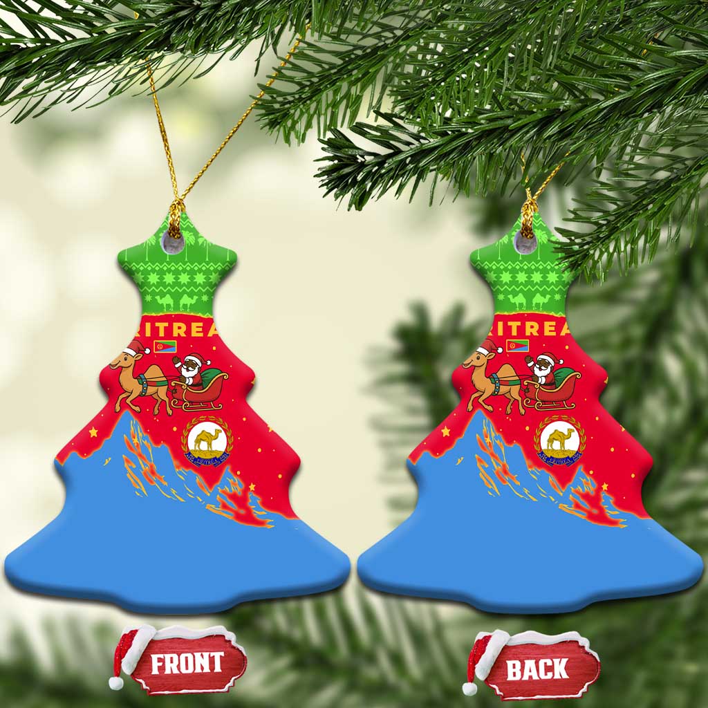 Eritrea Christmas Ceramic Ornament with Santa Claus Camel Sleigh National Emblem and Red Green Blue Pattern - Wonder Print Shop