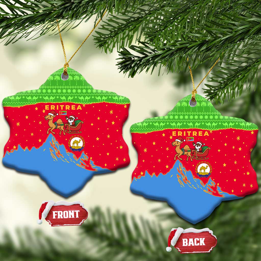 Eritrea Christmas Ceramic Ornament with Santa Claus Camel Sleigh National Emblem and Red Green Blue Pattern - Wonder Print Shop