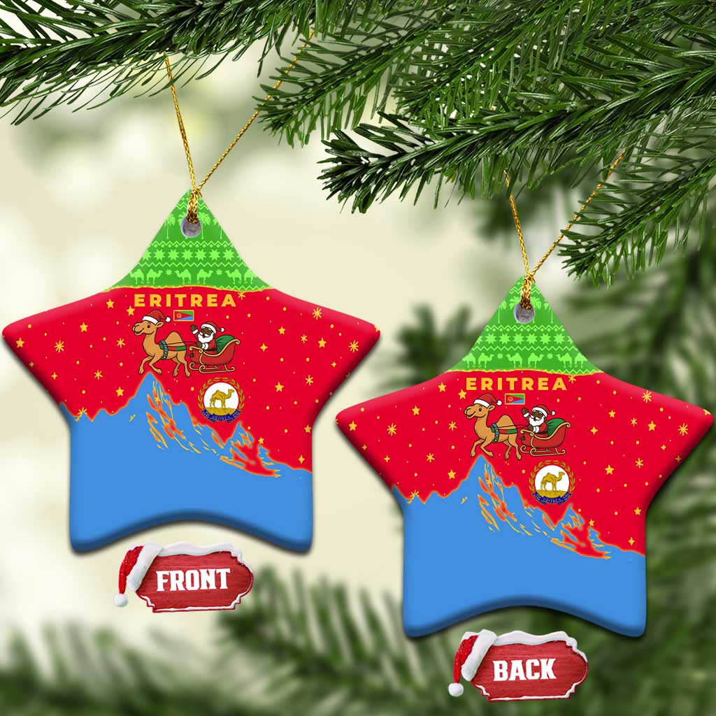 Eritrea Christmas Ceramic Ornament with Santa Claus Camel Sleigh National Emblem and Red Green Blue Pattern - Wonder Print Shop