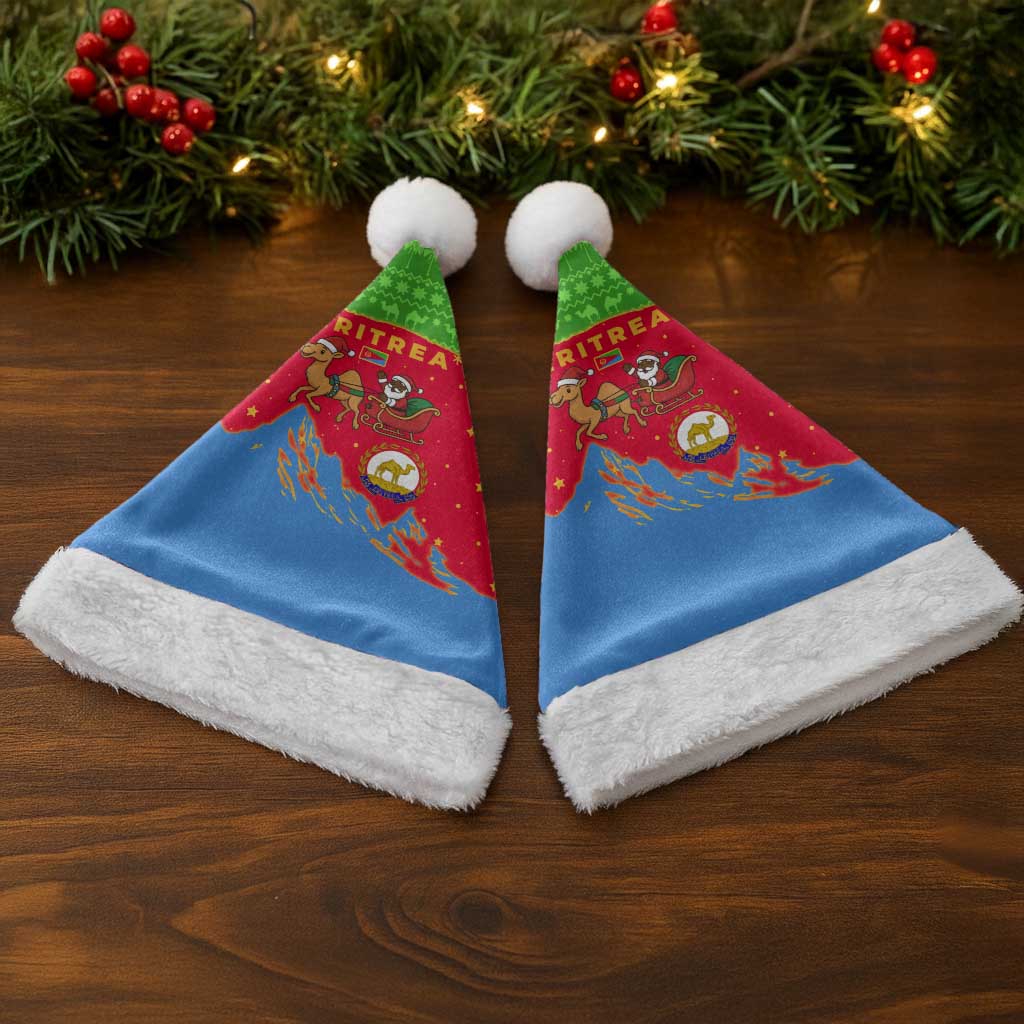 Eritrea Christmas Santa Hat with Santa Claus Camel Sleigh National Emblem and Red Green Blue Pattern - Wonder Print Shop