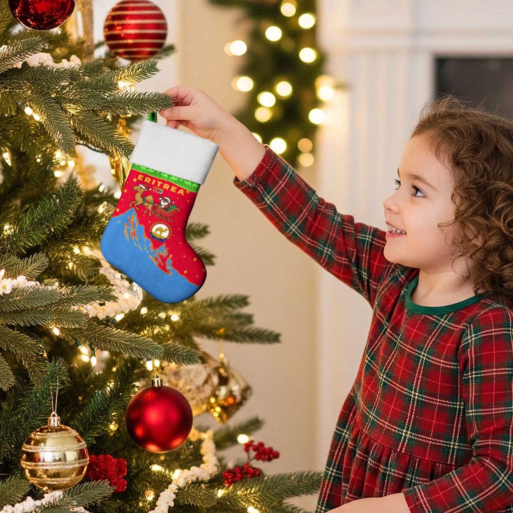 Eritrea Christmas Stocking with Santa Claus Camel Sleigh National Emblem and Red Green Blue Pattern - Wonder Print Shop