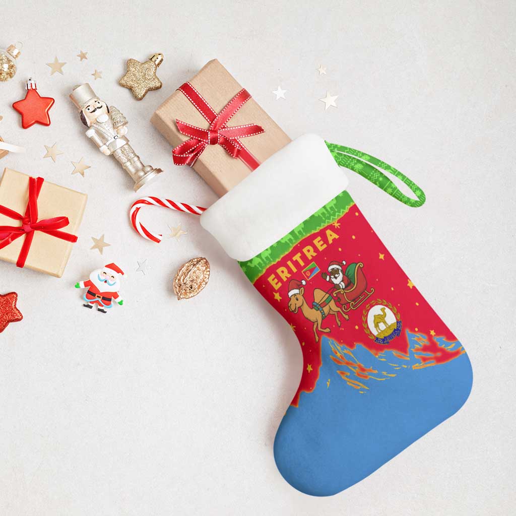 Eritrea Christmas Stocking with Santa Claus Camel Sleigh National Emblem and Red Green Blue Pattern - Wonder Print Shop