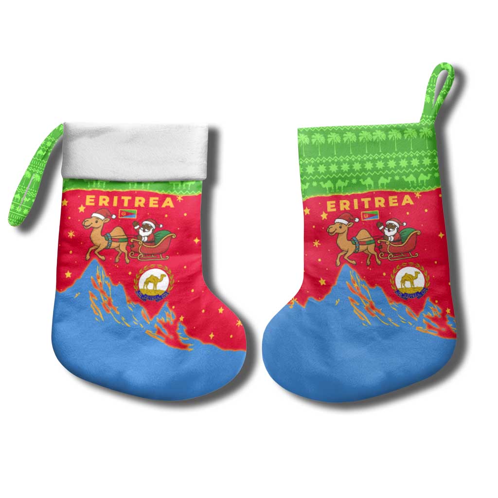 Eritrea Christmas Stocking with Santa Claus Camel Sleigh National Emblem and Red Green Blue Pattern - Wonder Print Shop