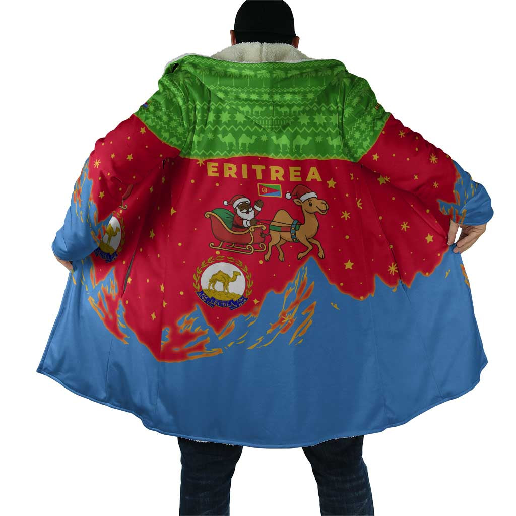 Eritrea Christmas Cloak with Santa Claus Camel Sleigh National Emblem and Red Green Blue Pattern - Wonder Print Shop