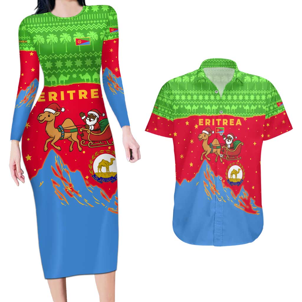 Eritrea Christmas Couples Matching Long Sleeve Bodycon Dress and Hawaiian Shirt with Santa Claus Camel Sleigh National Emblem and Red Green Blue Pattern - Wonder Print Shop