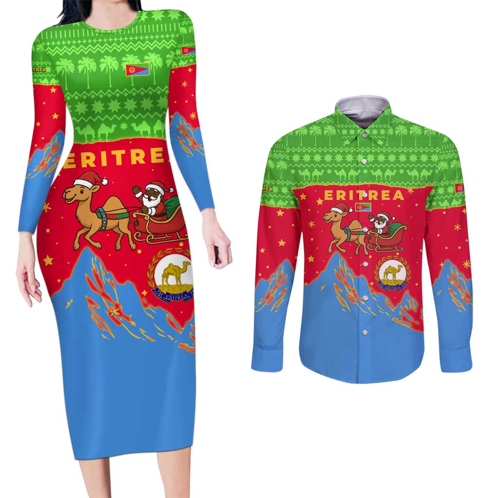 Eritrea Christmas Couples Matching Long Sleeve Bodycon Dress and Long Sleeve Button Shirt with Santa Claus Camel Sleigh National Emblem and Red Green Blue Pattern - Wonder Print Shop
