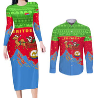 Eritrea Christmas Couples Matching Long Sleeve Bodycon Dress and Long Sleeve Button Shirt with Santa Claus Camel Sleigh National Emblem and Red Green Blue Pattern - Wonder Print Shop