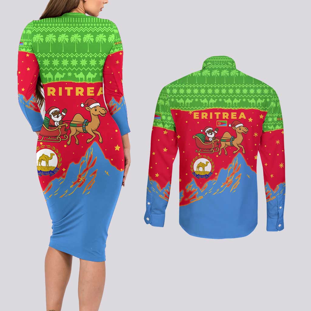 Eritrea Christmas Couples Matching Long Sleeve Bodycon Dress and Long Sleeve Button Shirt with Santa Claus Camel Sleigh National Emblem and Red Green Blue Pattern - Wonder Print Shop