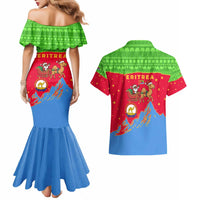 Eritrea Christmas Couples Matching Mermaid Dress and Hawaiian Shirt with Santa Claus Camel Sleigh National Emblem and Red Green Blue Pattern - Wonder Print Shop