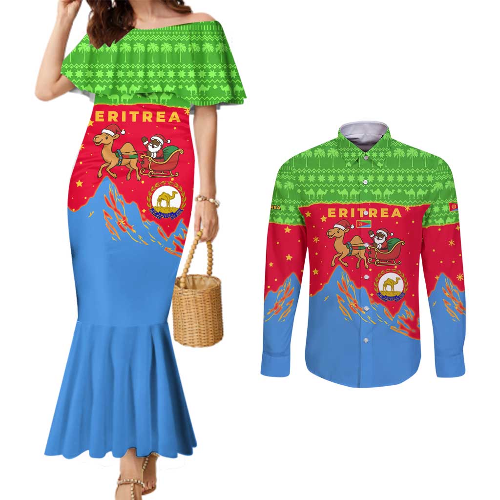 Eritrea Christmas Couples Matching Mermaid Dress and Long Sleeve Button Shirt with Santa Claus Camel Sleigh National Emblem and Red Green Blue Pattern - Wonder Print Shop