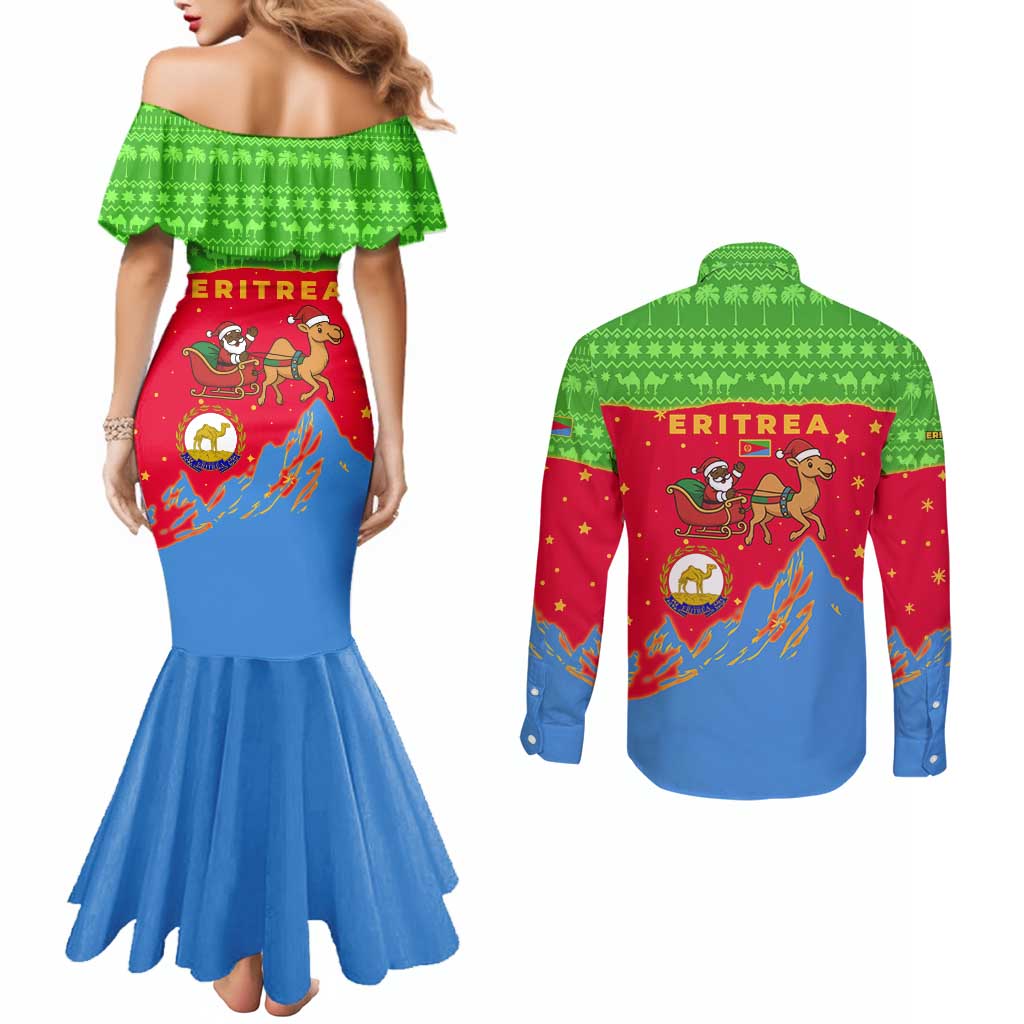 Eritrea Christmas Couples Matching Mermaid Dress and Long Sleeve Button Shirt with Santa Claus Camel Sleigh National Emblem and Red Green Blue Pattern - Wonder Print Shop