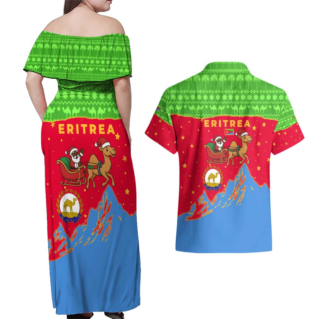Eritrea Christmas Couples Matching Off Shoulder Maxi Dress and Hawaiian Shirt with Santa Claus Camel Sleigh National Emblem and Red Green Blue Pattern - Wonder Print Shop