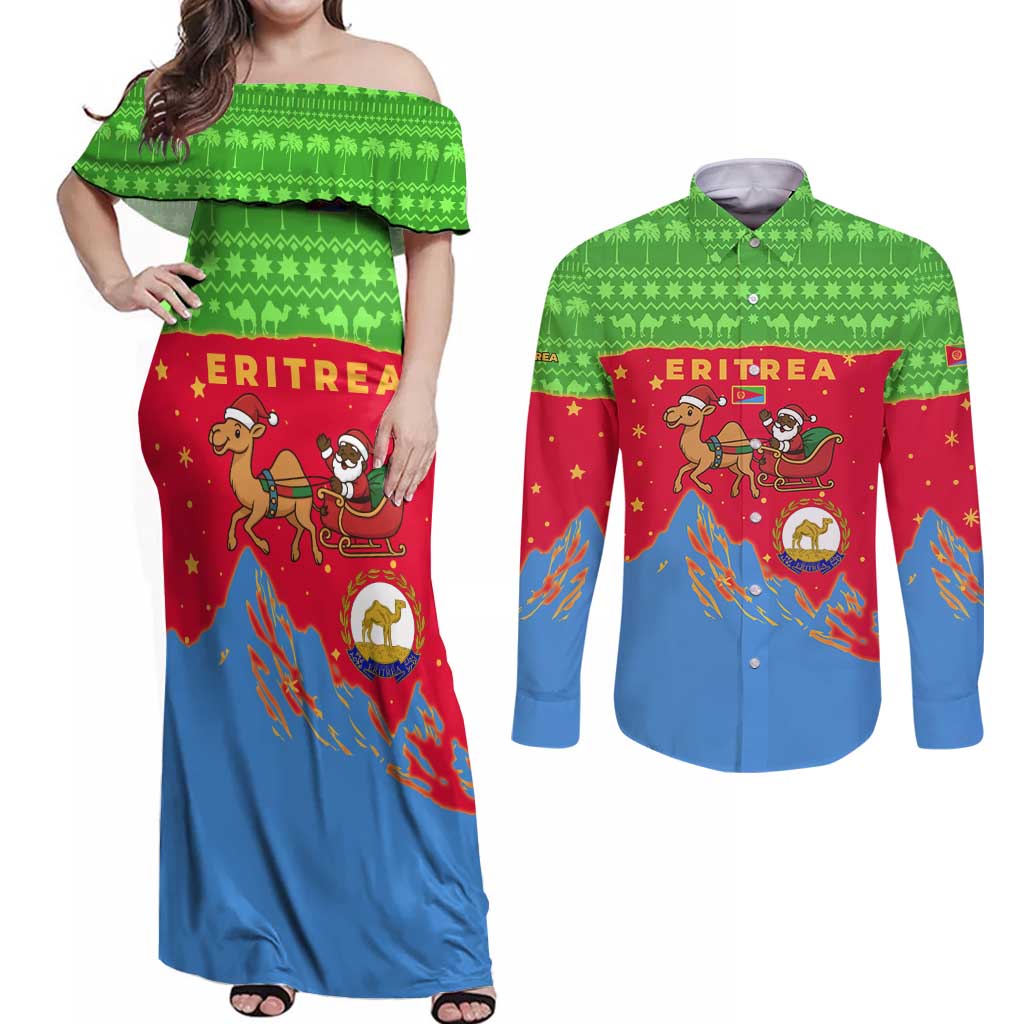 Eritrea Christmas Couples Matching Off Shoulder Maxi Dress and Long Sleeve Button Shirt with Santa Claus Camel Sleigh National Emblem and Red Green Blue Pattern - Wonder Print Shop