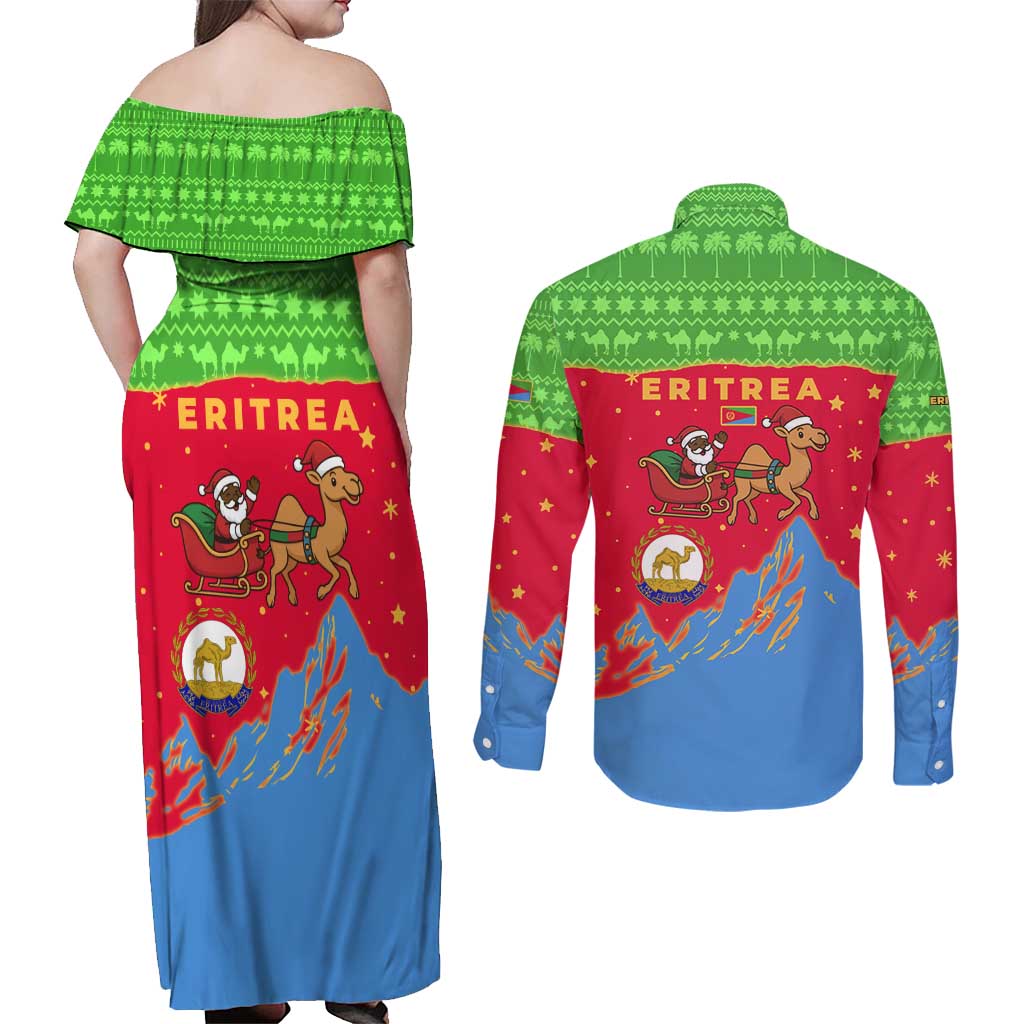 Eritrea Christmas Couples Matching Off Shoulder Maxi Dress and Long Sleeve Button Shirt with Santa Claus Camel Sleigh National Emblem and Red Green Blue Pattern - Wonder Print Shop