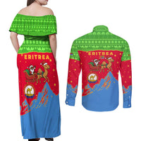 Eritrea Christmas Couples Matching Off Shoulder Maxi Dress and Long Sleeve Button Shirt with Santa Claus Camel Sleigh National Emblem and Red Green Blue Pattern - Wonder Print Shop