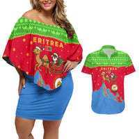 Eritrea Christmas Couples Matching Off Shoulder Short Dress and Hawaiian Shirt with Santa Claus Camel Sleigh National Emblem and Red Green Blue Pattern - Wonder Print Shop