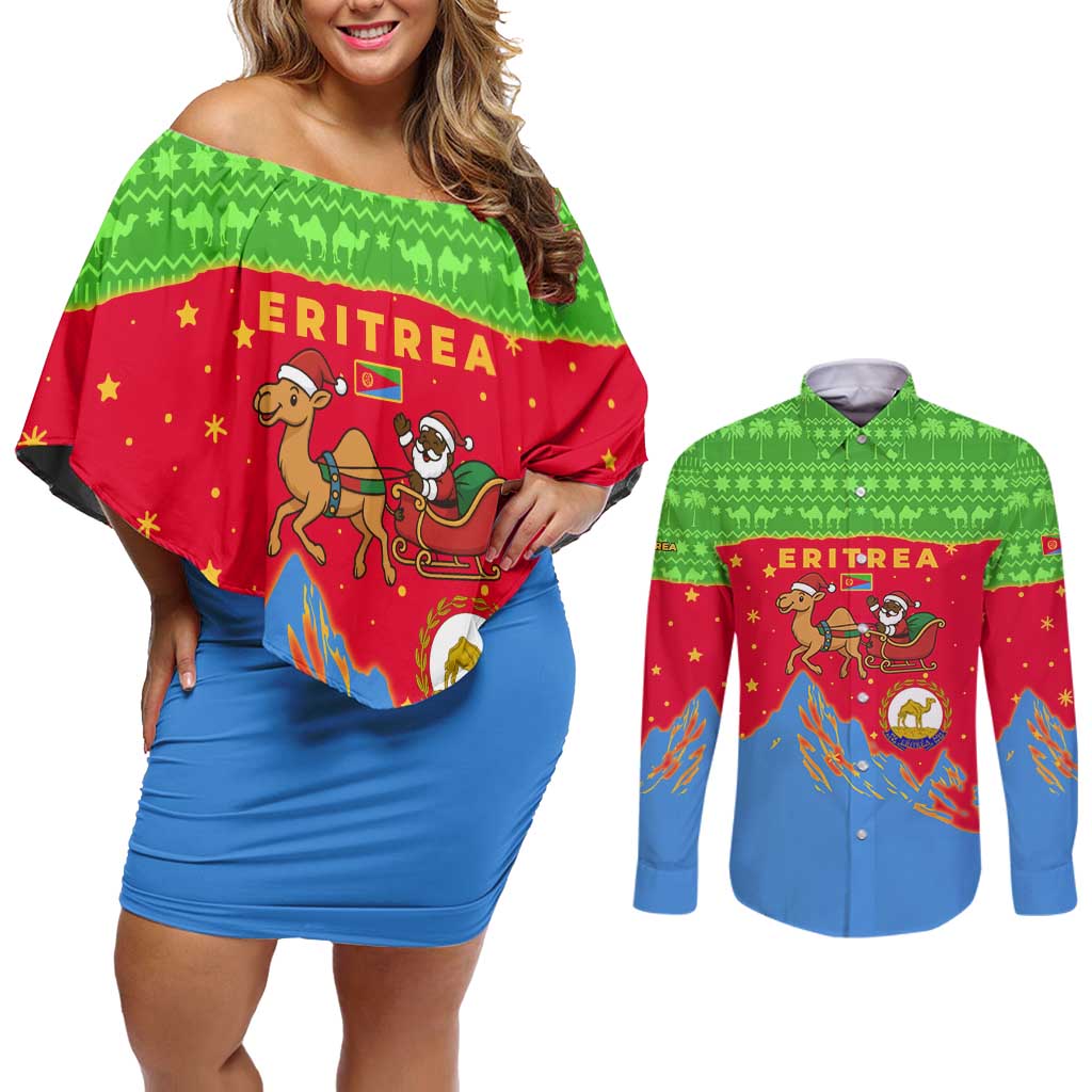 Eritrea Christmas Couples Matching Off Shoulder Short Dress and Long Sleeve Button Shirt with Santa Claus Camel Sleigh National Emblem and Red Green Blue Pattern - Wonder Print Shop