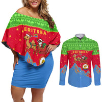 Eritrea Christmas Couples Matching Off Shoulder Short Dress and Long Sleeve Button Shirt with Santa Claus Camel Sleigh National Emblem and Red Green Blue Pattern - Wonder Print Shop