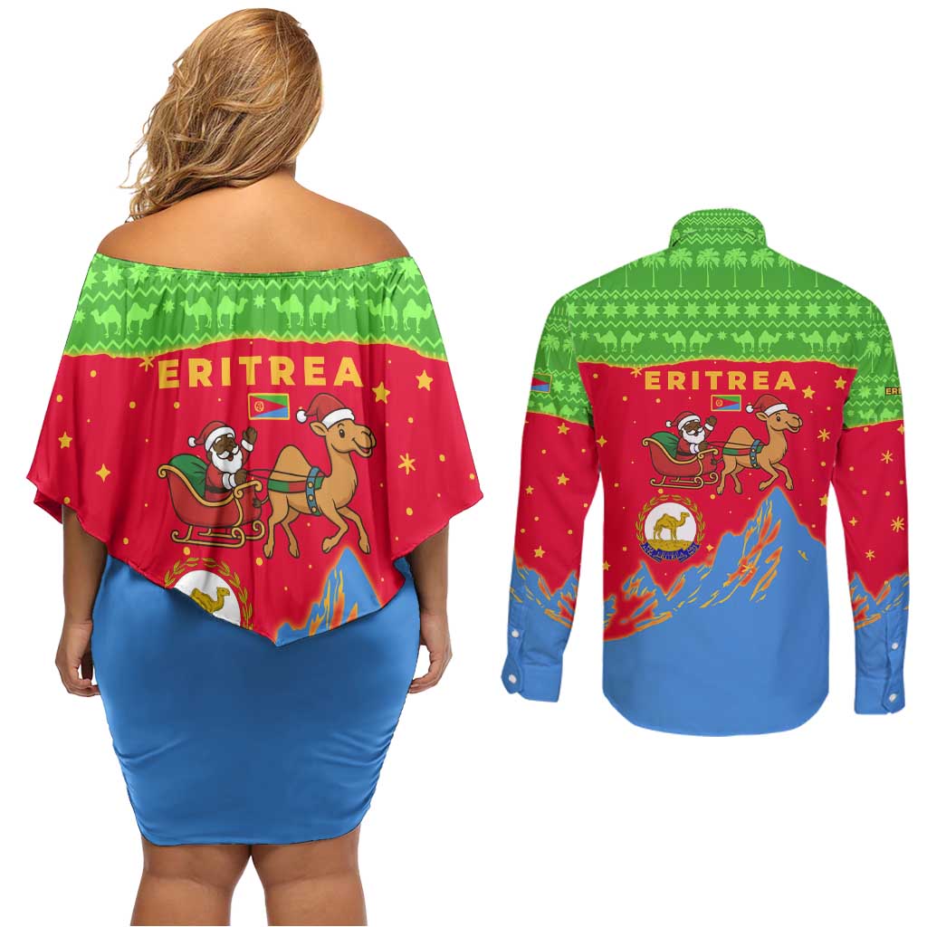 Eritrea Christmas Couples Matching Off Shoulder Short Dress and Long Sleeve Button Shirt with Santa Claus Camel Sleigh National Emblem and Red Green Blue Pattern - Wonder Print Shop
