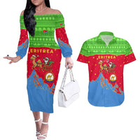 Eritrea Christmas Couples Matching Off The Shoulder Long Sleeve Dress and Hawaiian Shirt with Santa Claus Camel Sleigh National Emblem and Red Green Blue Pattern - Wonder Print Shop