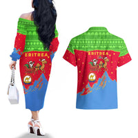 Eritrea Christmas Couples Matching Off The Shoulder Long Sleeve Dress and Hawaiian Shirt with Santa Claus Camel Sleigh National Emblem and Red Green Blue Pattern - Wonder Print Shop