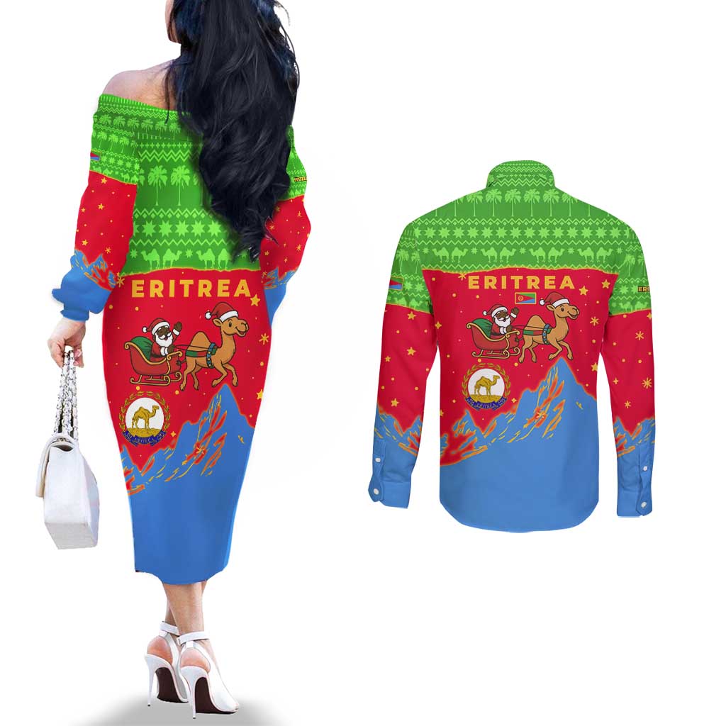 Eritrea Christmas Couples Matching Off The Shoulder Long Sleeve Dress and Long Sleeve Button Shirt with Santa Claus Camel Sleigh National Emblem and Red Green Blue Pattern - Wonder Print Shop