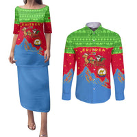 Eritrea Christmas Couples Matching Puletasi and Long Sleeve Button Shirt with Santa Claus Camel Sleigh National Emblem and Red Green Blue Pattern - Wonder Print Shop