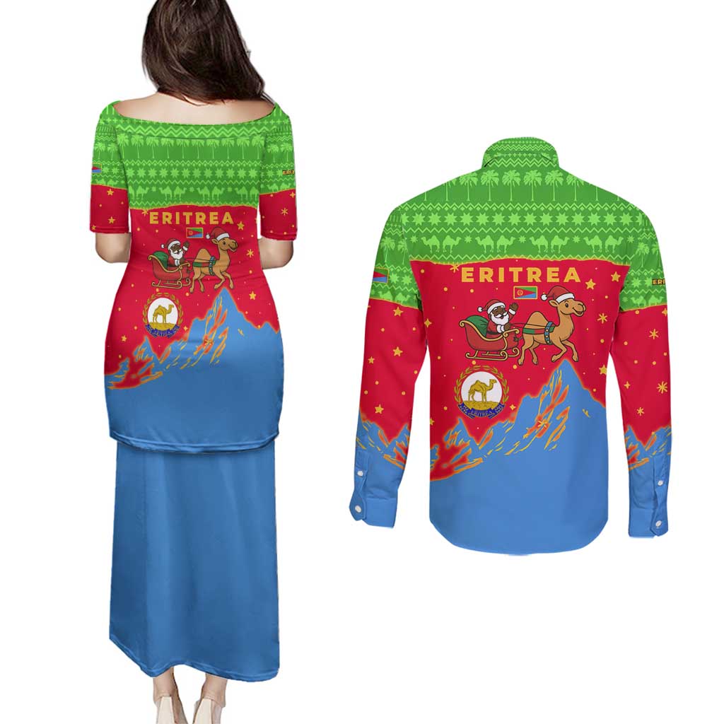 Eritrea Christmas Couples Matching Puletasi and Long Sleeve Button Shirt with Santa Claus Camel Sleigh National Emblem and Red Green Blue Pattern - Wonder Print Shop