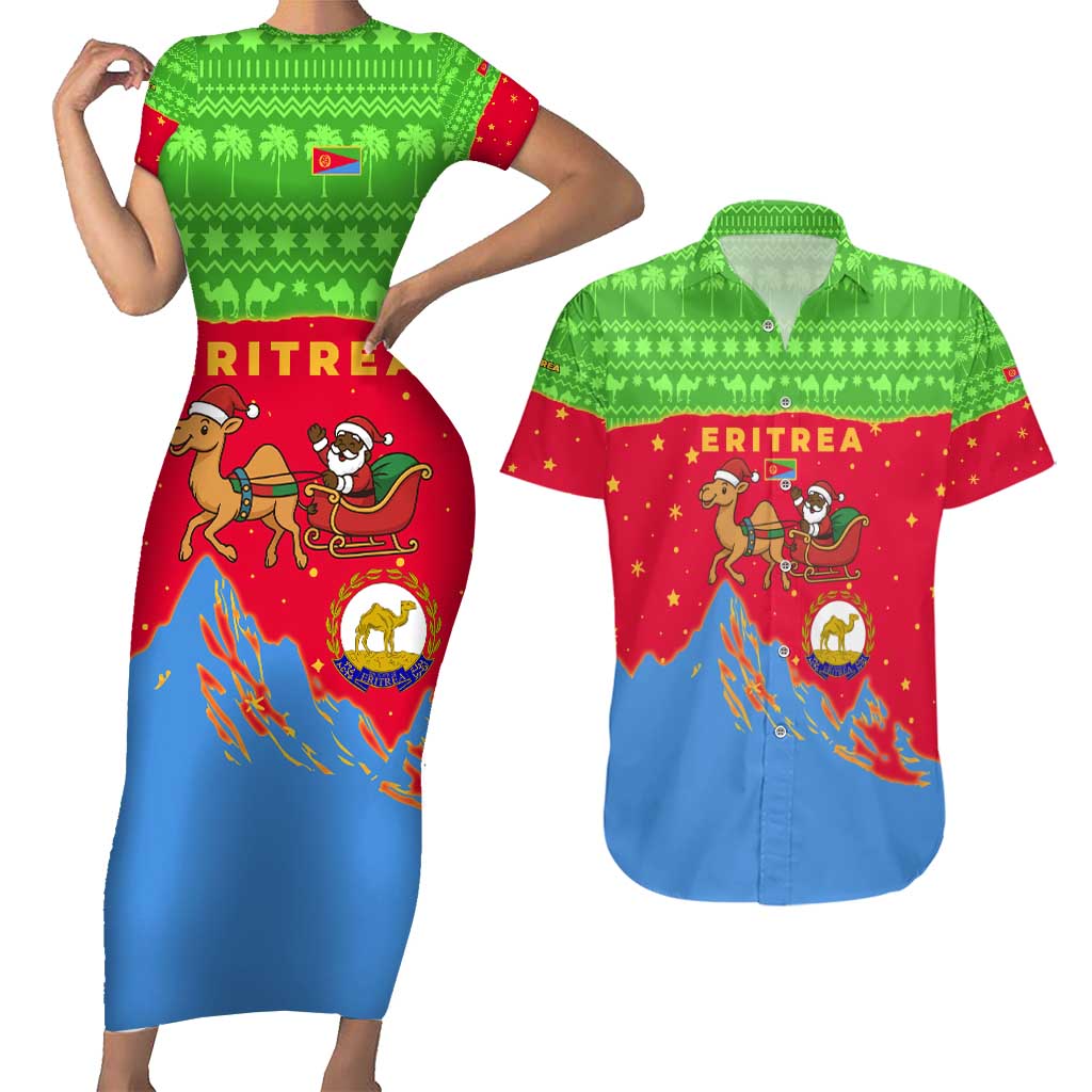 Eritrea Christmas Couples Matching Short Sleeve Bodycon Dress and Hawaiian Shirt with Santa Claus Camel Sleigh National Emblem and Red Green Blue Pattern - Wonder Print Shop