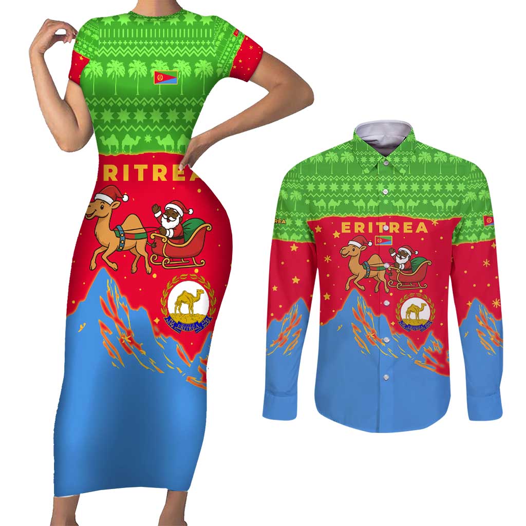Eritrea Christmas Couples Matching Short Sleeve Bodycon Dress and Long Sleeve Button Shirt with Santa Claus Camel Sleigh National Emblem and Red Green Blue Pattern - Wonder Print Shop