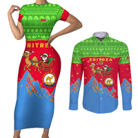 Eritrea Christmas Couples Matching Short Sleeve Bodycon Dress and Long Sleeve Button Shirt with Santa Claus Camel Sleigh National Emblem and Red Green Blue Pattern - Wonder Print Shop