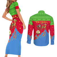Eritrea Christmas Couples Matching Short Sleeve Bodycon Dress and Long Sleeve Button Shirt with Santa Claus Camel Sleigh National Emblem and Red Green Blue Pattern - Wonder Print Shop