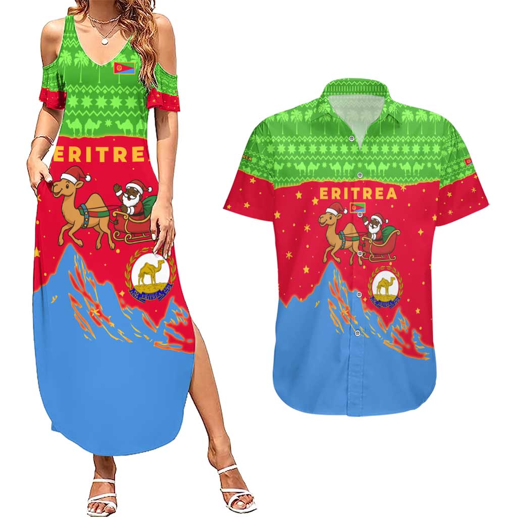 Eritrea Christmas Couples Matching Summer Maxi Dress and Hawaiian Shirt with Santa Claus Camel Sleigh National Emblem and Red Green Blue Pattern - Wonder Print Shop