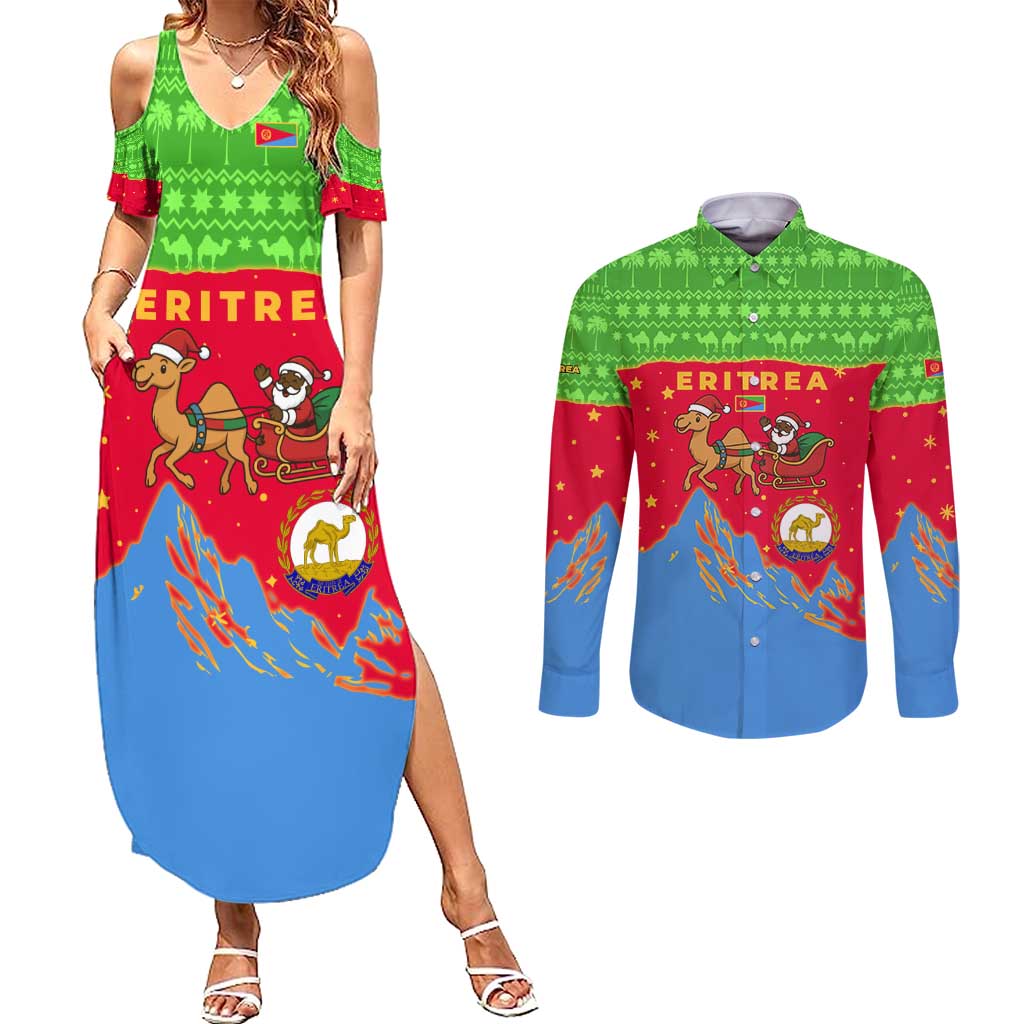 Eritrea Christmas Couples Matching Summer Maxi Dress and Long Sleeve Button Shirt with Santa Claus Camel Sleigh National Emblem and Red Green Blue Pattern - Wonder Print Shop