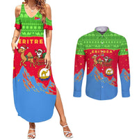 Eritrea Christmas Couples Matching Summer Maxi Dress and Long Sleeve Button Shirt with Santa Claus Camel Sleigh National Emblem and Red Green Blue Pattern - Wonder Print Shop