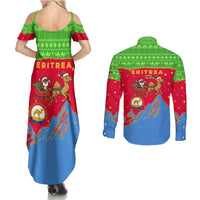 Eritrea Christmas Couples Matching Summer Maxi Dress and Long Sleeve Button Shirt with Santa Claus Camel Sleigh National Emblem and Red Green Blue Pattern - Wonder Print Shop