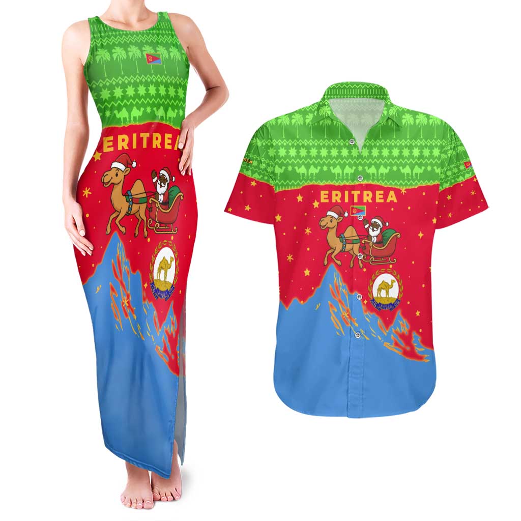 Eritrea Christmas Couples Matching Tank Maxi Dress and Hawaiian Shirt with Santa Claus Camel Sleigh National Emblem and Red Green Blue Pattern - Wonder Print Shop