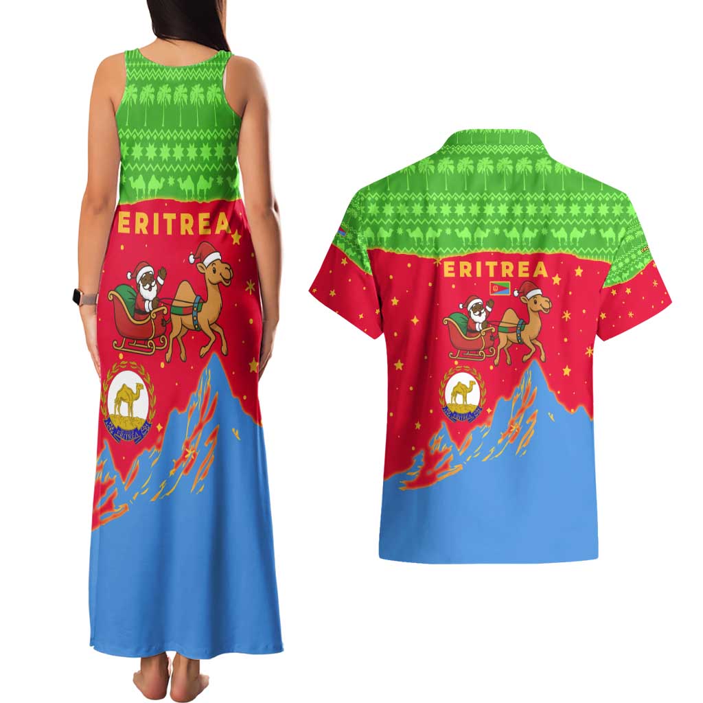 Eritrea Christmas Couples Matching Tank Maxi Dress and Hawaiian Shirt with Santa Claus Camel Sleigh National Emblem and Red Green Blue Pattern - Wonder Print Shop