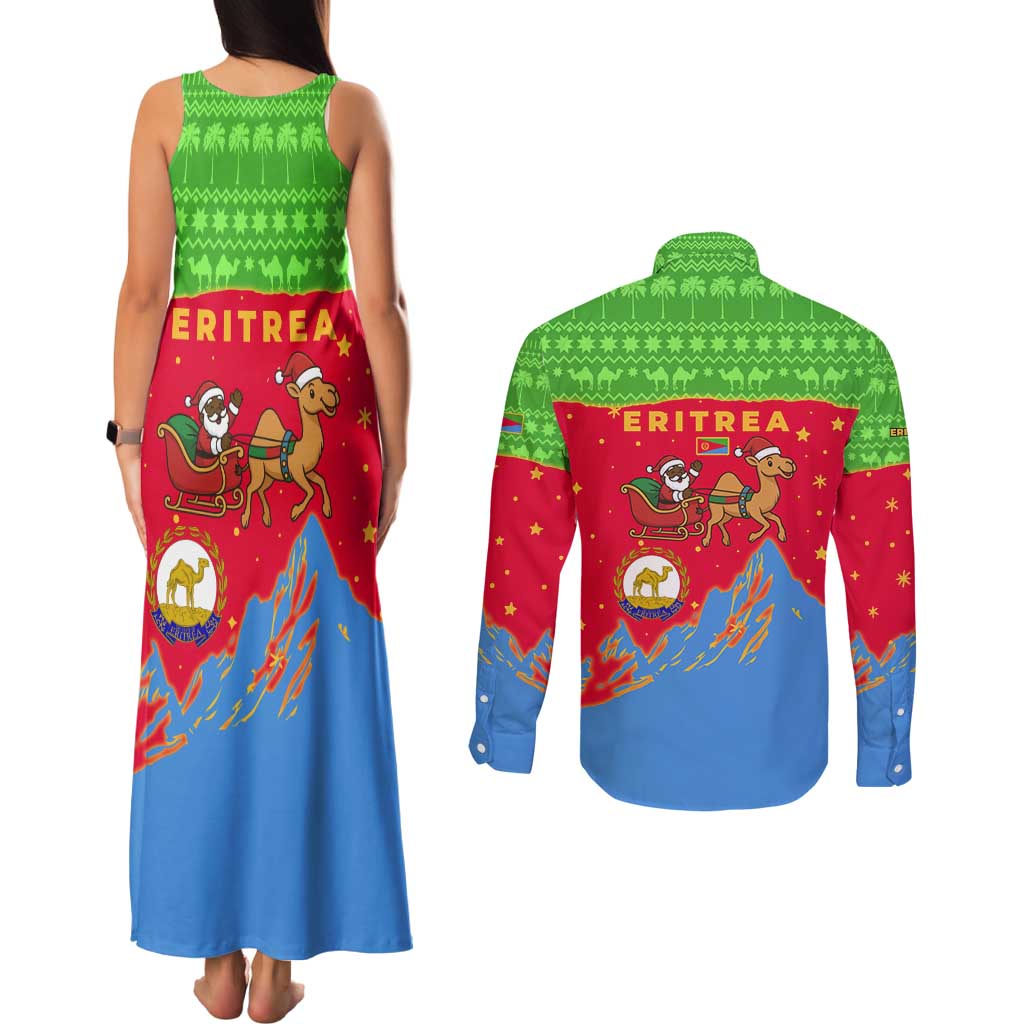 Eritrea Christmas Couples Matching Tank Maxi Dress and Long Sleeve Button Shirt with Santa Claus Camel Sleigh National Emblem and Red Green Blue Pattern - Wonder Print Shop
