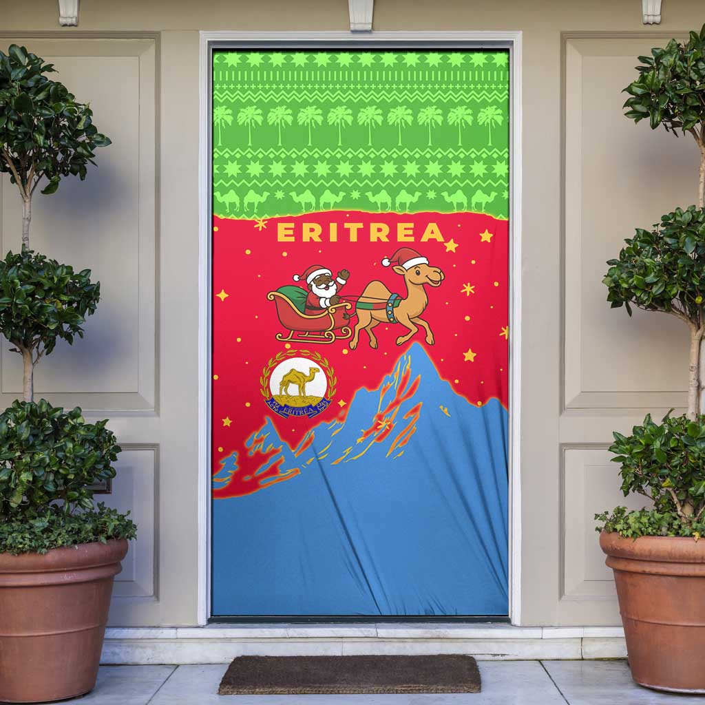 Eritrea Christmas Door Cover with Santa Claus Camel Sleigh National Emblem and Red Green Blue Pattern - Wonder Print Shop