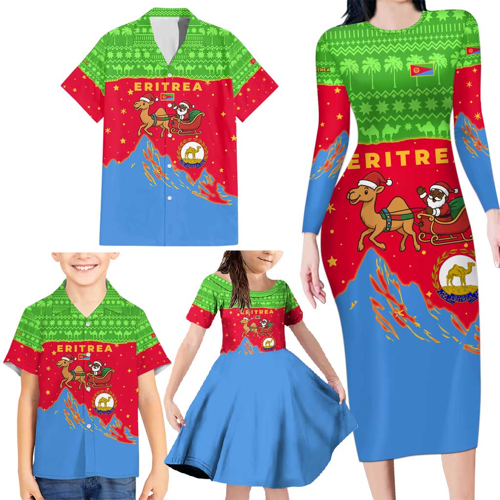 Eritrea Christmas Family Matching Long Sleeve Bodycon Dress and Hawaiian Shirt with Santa Claus Camel Sleigh National Emblem and Red Green Blue Pattern - Wonder Print Shop
