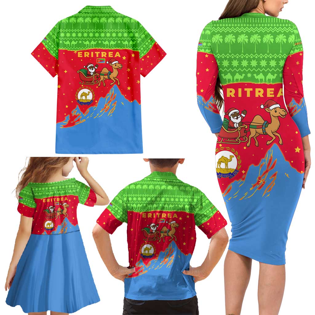 Eritrea Christmas Family Matching Long Sleeve Bodycon Dress and Hawaiian Shirt with Santa Claus Camel Sleigh National Emblem and Red Green Blue Pattern - Wonder Print Shop
