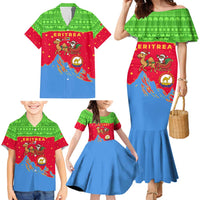 Eritrea Christmas Family Matching Mermaid Dress and Hawaiian Shirt with Santa Claus Camel Sleigh National Emblem and Red Green Blue Pattern - Wonder Print Shop