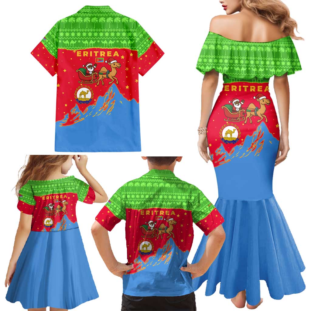 Eritrea Christmas Family Matching Mermaid Dress and Hawaiian Shirt with Santa Claus Camel Sleigh National Emblem and Red Green Blue Pattern - Wonder Print Shop